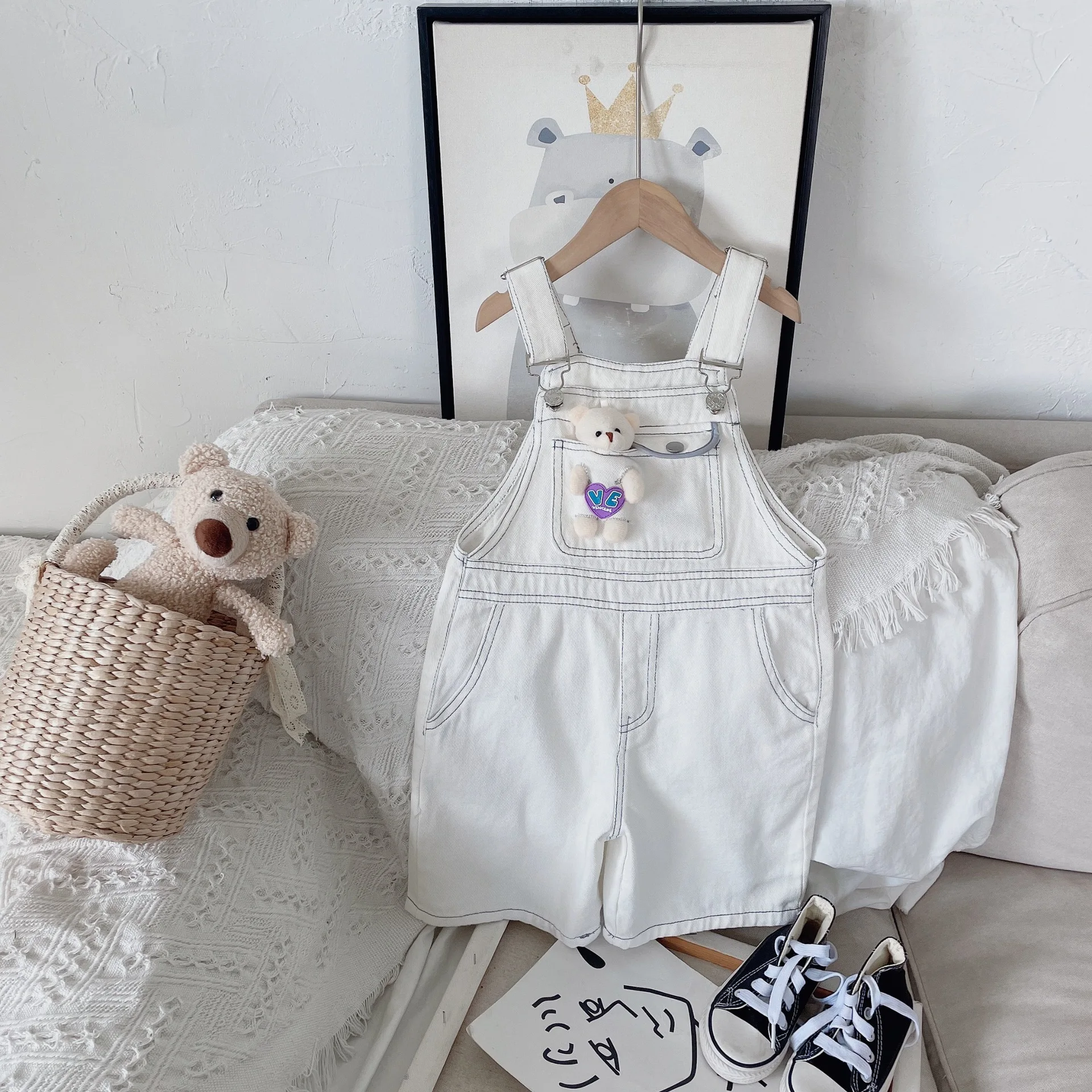 

baby girls overalls suspender kids jumpsuit white pants toddler girl children cute bear rompers cotton trousers 2 to 10 yrs