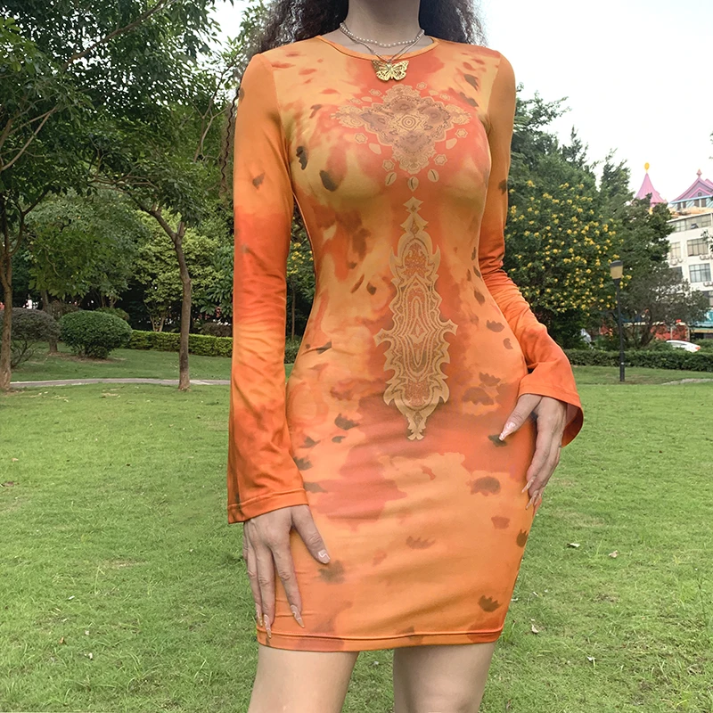 

New Fashion Women Color Block Sheath Dress Adults Abstract Print Long Sleeve Round Neck Skin Friendly Street Style S M L
