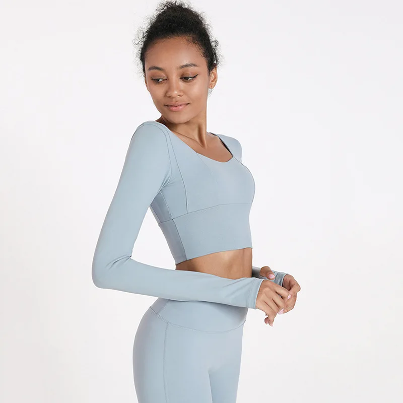 Lulu Women Sports Top Crop With Chest Pad Crop Navel Fitness Long Sleeves Round Neck Backless Yoga Shirt Running T-Shirt