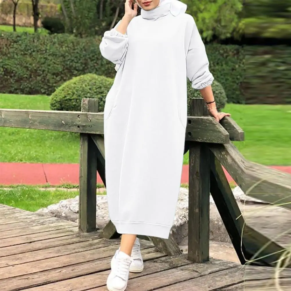 

Women Winter Dress Loose Long Sleeves Solid Color Lady Dress Turtleneck Soft Neck Protection Autumn Dress For Daily Wear