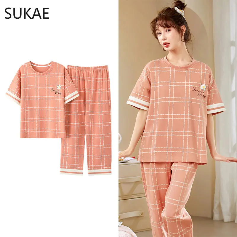 SUKAE M-5XL Big Size Women's Pajamas Set Fashion Casual Woman's Sleepwear Short Sleeve Long Pants Summer Cotton Shorts for Women