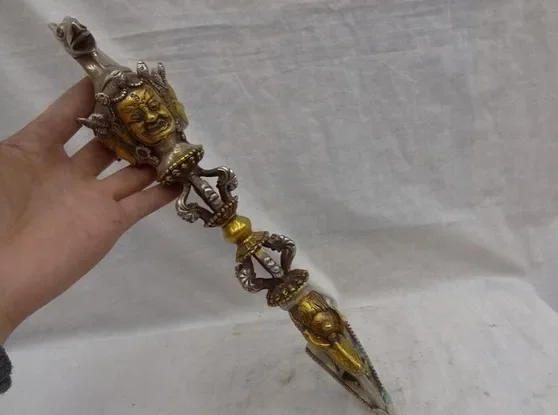 15-дюймовая тибетская серебряная позолоченная статуя головы Будды Махакала