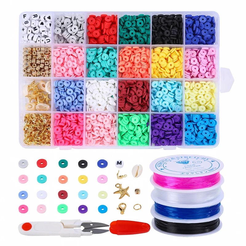 

4270 Pcs Clay Beads 6Mm 20 Colors Flat Round Polymer Clay Spacer Beads With Pendant Charms Kit And 4 Roll Elastic String