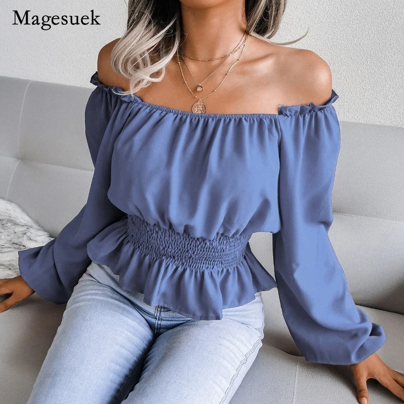 

New Sexy Slash Neck Off Shoulder Blouse Elegant Ruffled Chiffon Shirt Shot Tops Spring Autumn 2022 Women Clothes Blusa 21961