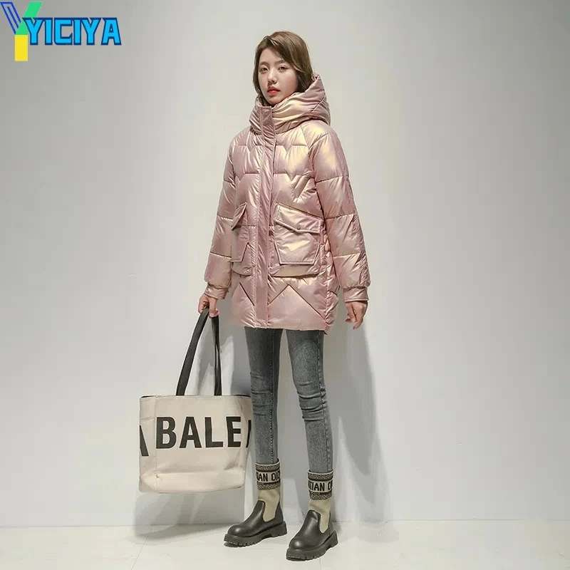 YICIYA Fall Winter Long Jacket Women 2023 Zipper Pockets Thicken Coats Oversized Parkas With Hood Puffer Outerwear Waterproof