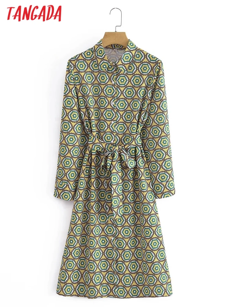 

Tangada 2022 Fashion Women Print Shirt Dress with Slash Long Sleeve Office Ladies Midi Dress 2L11