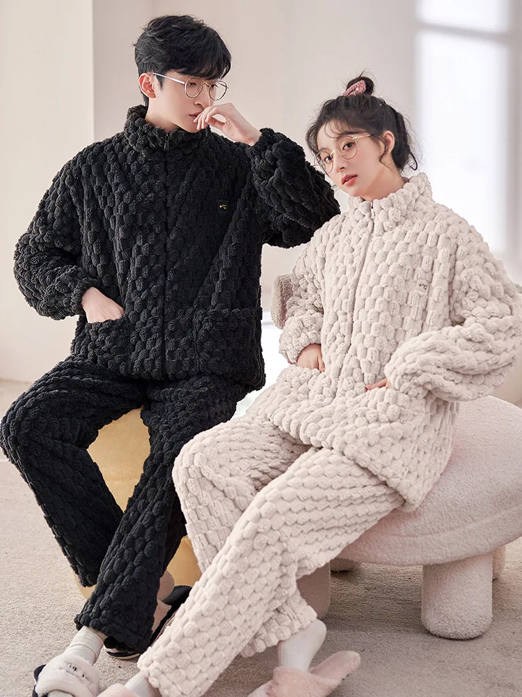 Yasuk Winter Fashion Women's Men Casual Warm Soft Sleepwear Pajamas Pants Velvet Fleecel Solid Couple Unisex Pocket Coat Thick