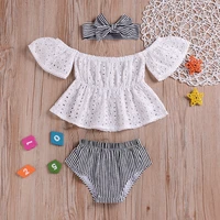 summer toddler baby girl hollow out off shoulder ruffle flare sleeve crop tops striped shorts 2pcs outfits set clothes 3 24m