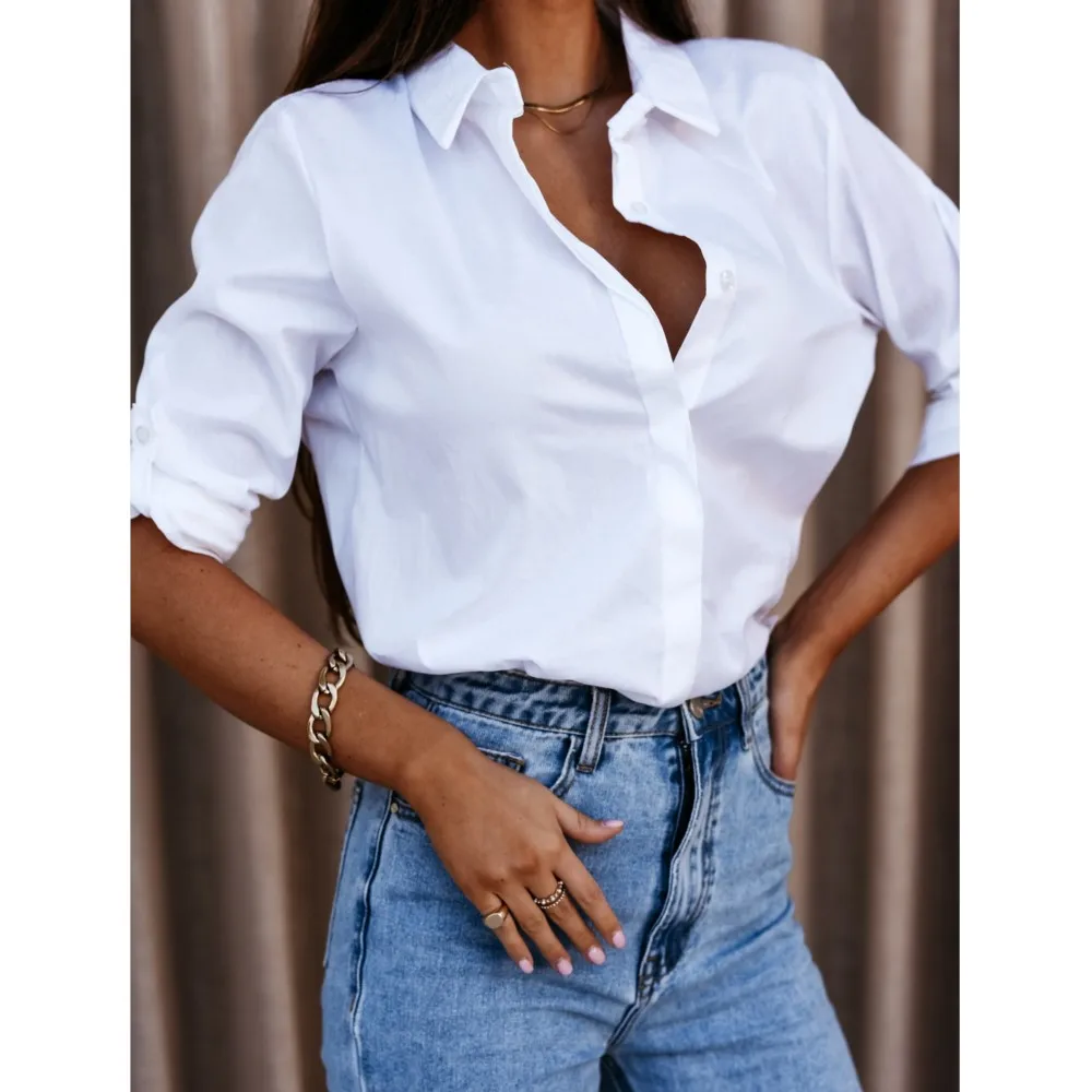 

Women Shirts & Blouses 2023 Feminine Tops Long Sleeve Casual White Turn-down Collar Back Ruched OL Style Elegant Loose Clothes