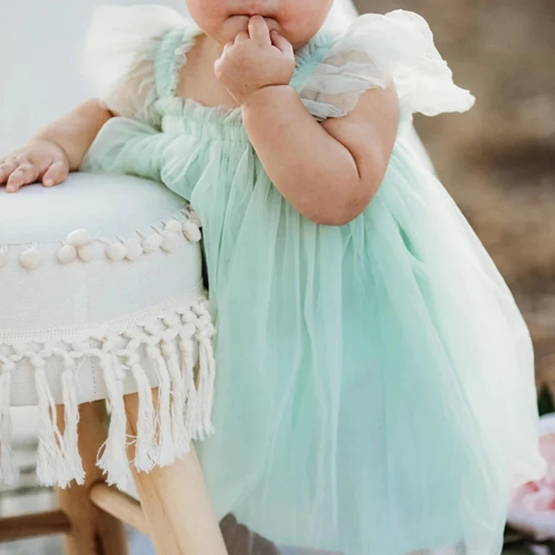 2023 Sage Green Princess Dresses Girls Summer Flutter Sleeve Tulle Easter Dresses for Girls Birthday Gift Baby Infant Toddler enlarge