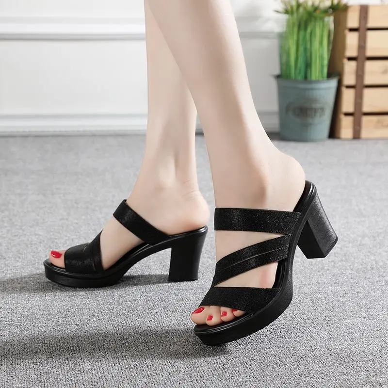 High-heeled Women's Slippers Summer Thick Heels Bright Skin Fish Mouth All-match Casual Shoes Luxury Woman Sandals