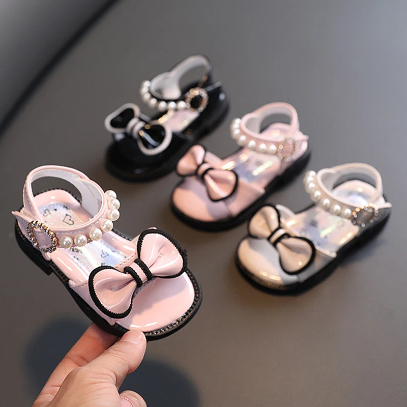 1-3 years Summer Girls Toddler Baby Sandals Shoes Fashion Sequins pearl Bow tie Princess Flat Heel Size 16-25