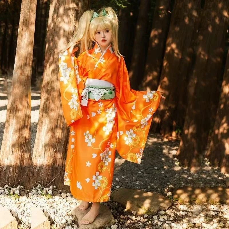 Фото Костюм для косплея Хиёко Сайонджи из Danganronpa 2, оранжевое японское кимоно с бантом и поясом, платье Сакура для взрослых женщин, наряд для Хэллоуина и карнавала №3