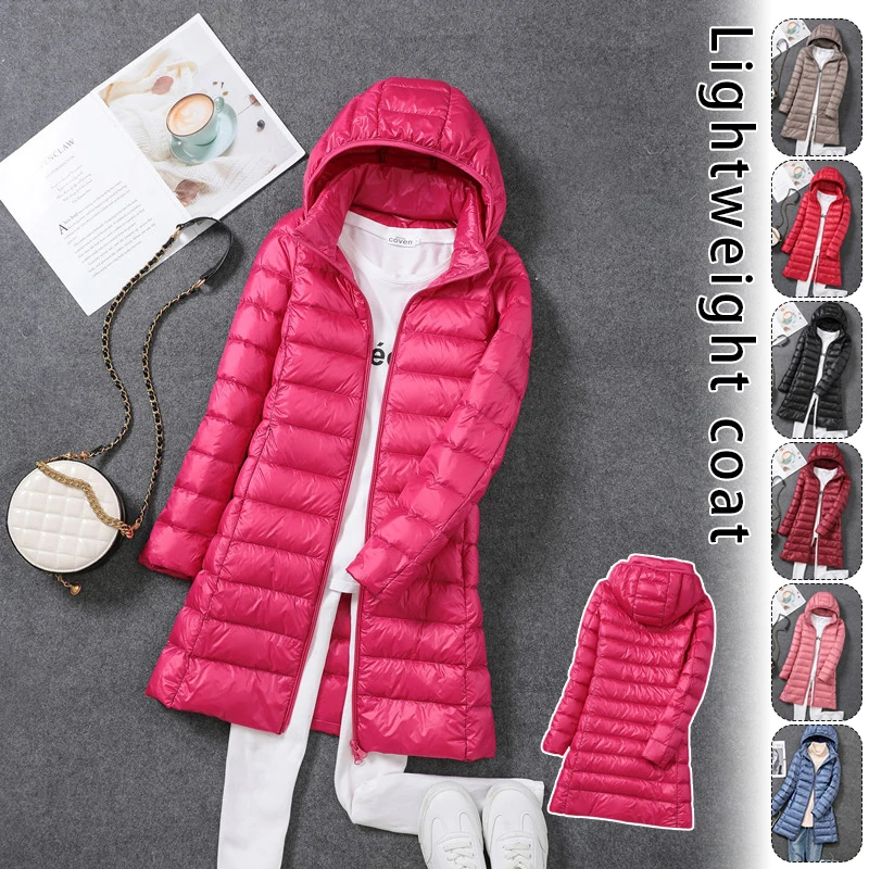 Winter Warm Womens Down Jackets Ultra Light Thin Casual Coat Quilted Jacket Slim Long Coat Removable Hooded Parka