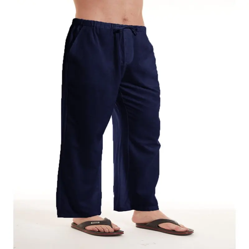 

Мужские повседневные пляжные штаны на шнуровке, хлопковые льняные свободные штаны для йоги с открытым низом и карманами, синие XL