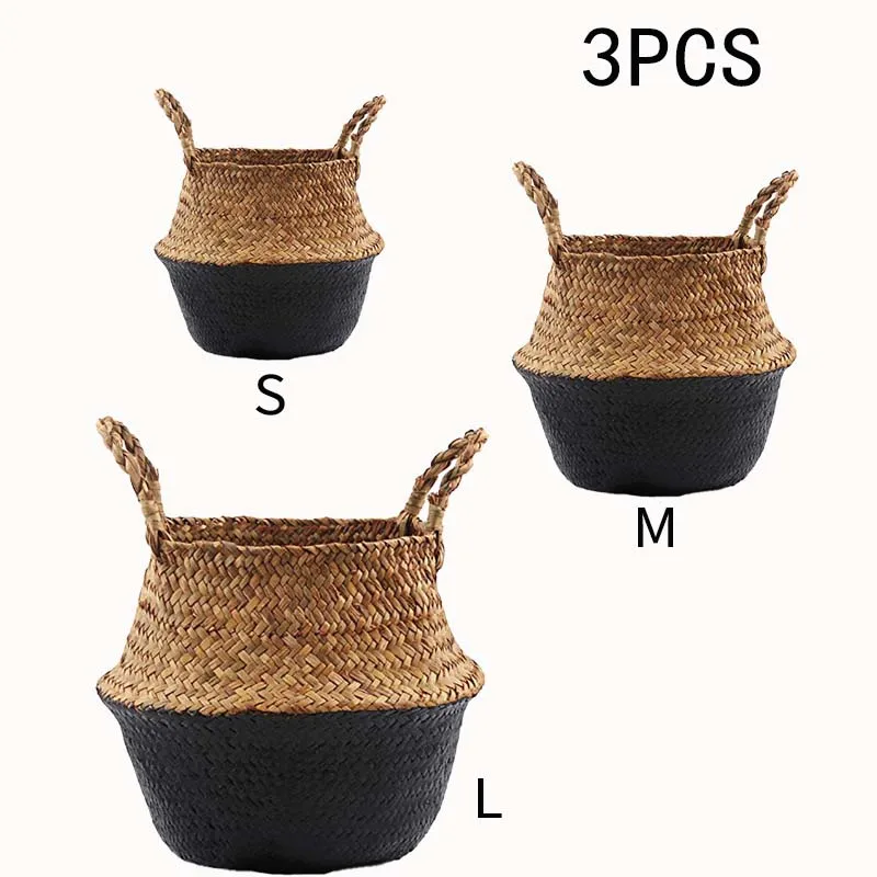 

SML/3PCS Mimbre Handmade Bamboo Storage Baskets Foldable Straw Patchwork Wicker Rattan Seagrass Belly Garden Flower Pot