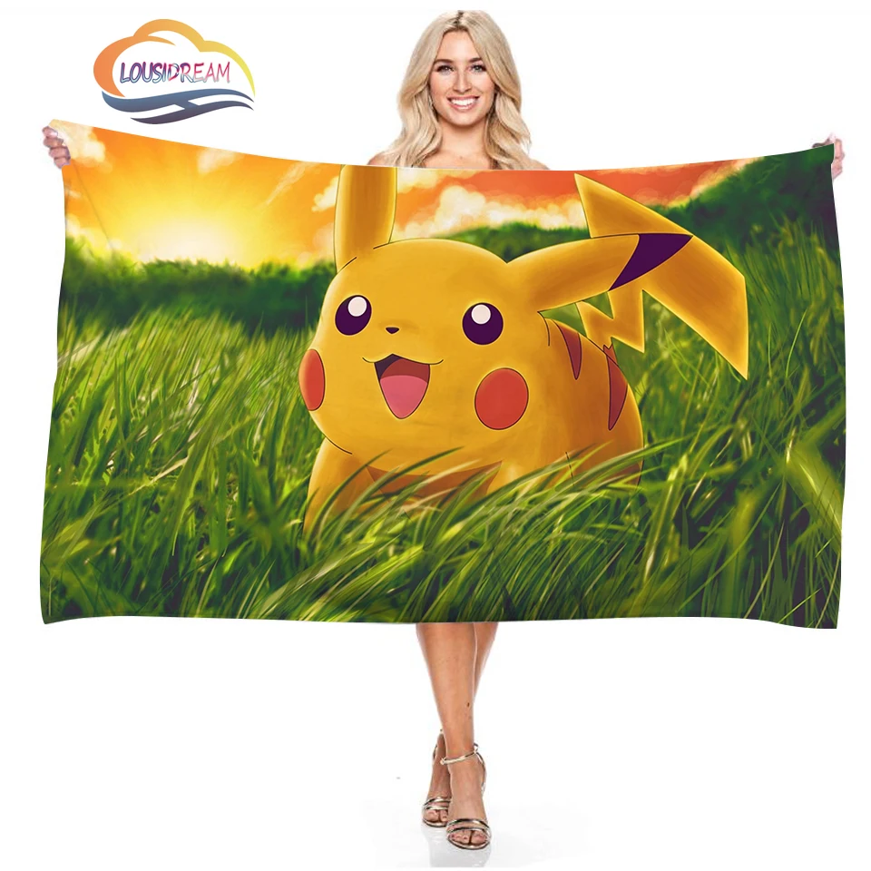 Милое пляжное полотенце Pikachu Покемон микрофибра двустороннее бархатное для
