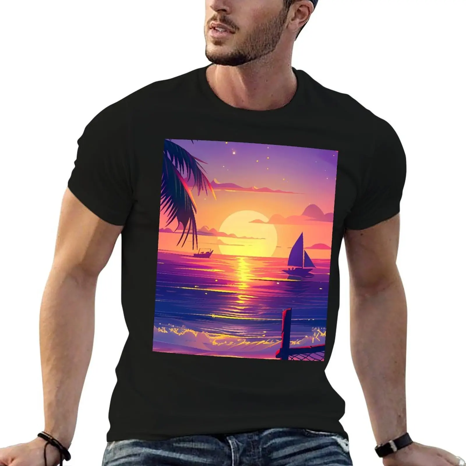 Футболка Serene Sunset with Palm Tree – BoBo Beach Illustration хлопок мужские