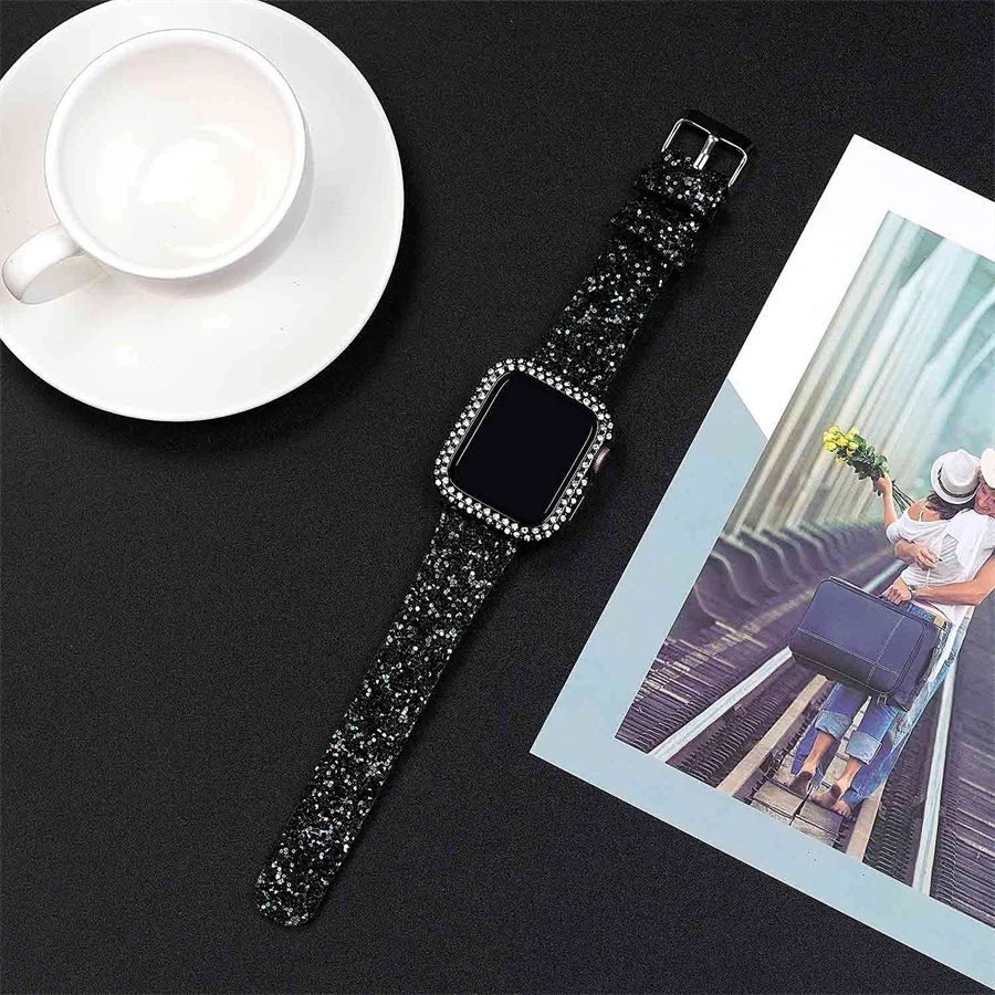 Glitter Leather Band for Apple Watch ultra 49mm 38mm 40/41mm 42mm 44mm 41mm 45mm Shiny Women Strap IWatch Series 8 7 6 5 4 3 SE