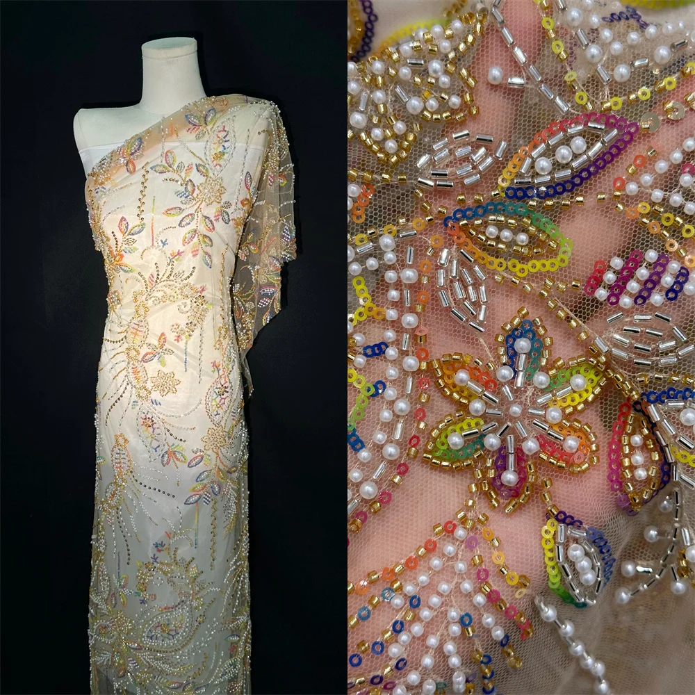 Новейшая африканская сетчатая кружевная ткань 2024 5 ярдов вышитая бисером