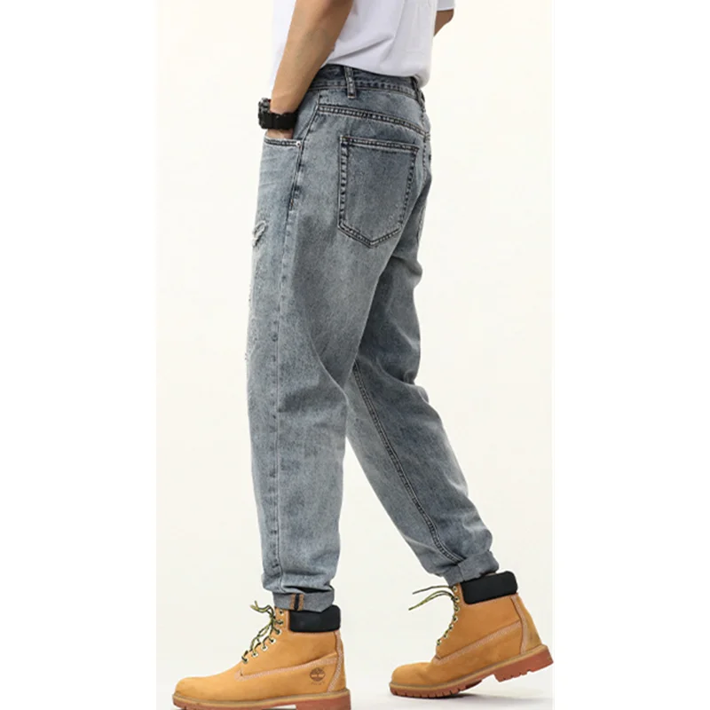 Men Clothing New Pattern Broken Patch Recreational Vintage Blue Jeans Straight Cylinder Large Loose Haren Pants Autumn Female