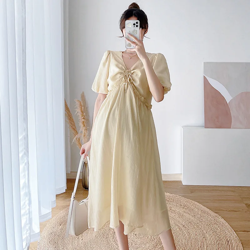 

French Retro Elegant Maternity Skirt Summer Pregnancy Dress 2022 New Loose and Thin Western-style Short-sleeved Maternity Dress