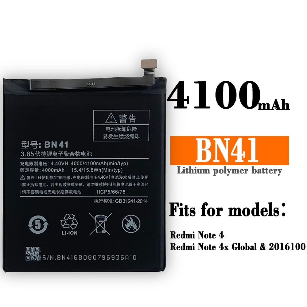 

100% Оригинальный аккумулятор BN41 4100 мАч для Xiaomi Redmi Hongmi Note 4 Redmi Note 4X высококачественные литиевые батареи