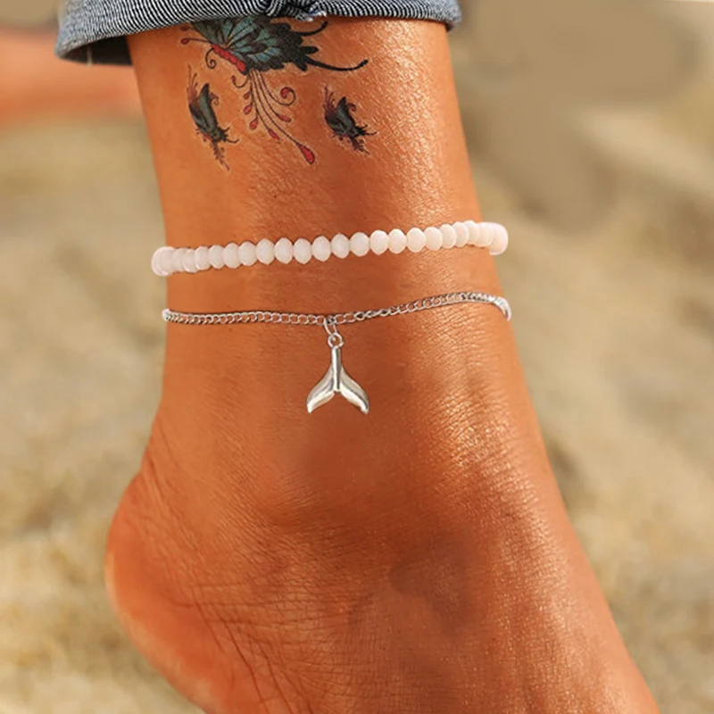 

Bohemian Anklets for Women Metal Silver Anklet Fashion Pearl Chain Summer Bracelet On the Leg Female Bracelets Beach Accessories