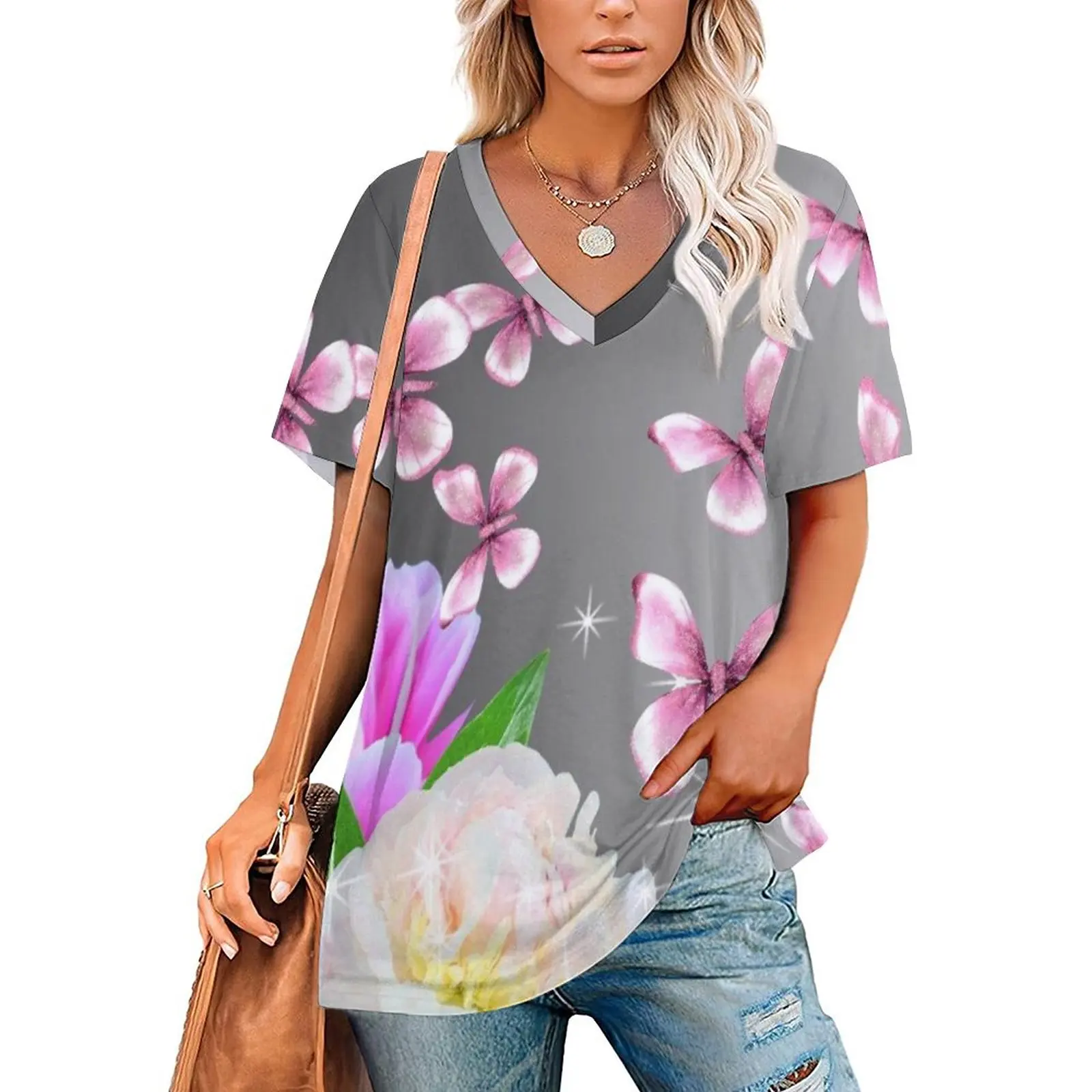 

V Neck Short-sleeve Women Shirt Printed Sparkle And Shine 3D Women Print T-shirt