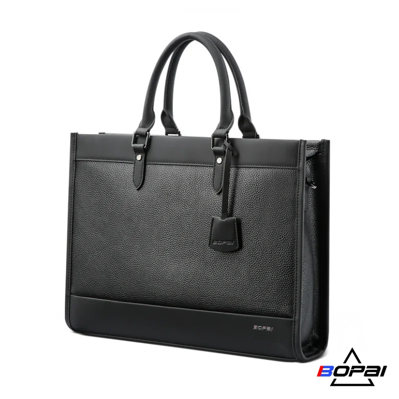 BOPAI Genuine Leather Men's Horizontal Handbag Casual Business Top Layer Leather Large Capacity Single Shoulder Messenger Briefc