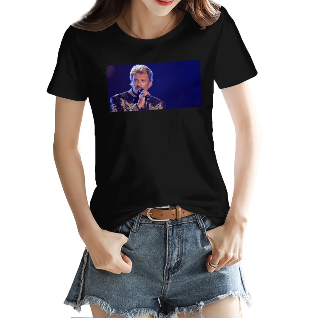 

Women's T-shirt Johnny And hallyday(2) Classic Round neck Geeky Harajuku Black Tops Tees European Size