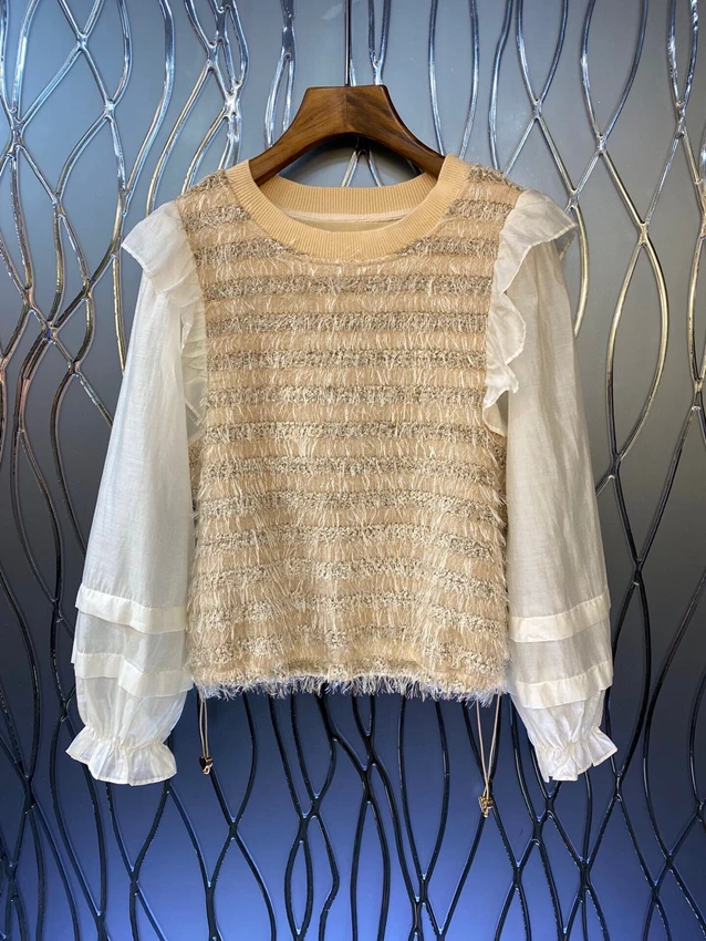 

2022 new women fashion lantern long-sleeved sexy wool mustache stitching see-through pullover shirt top 923