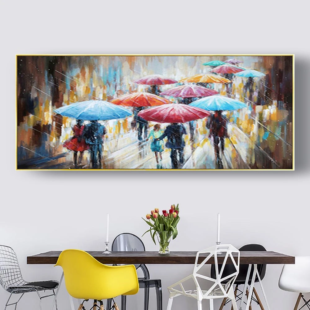 

100% Hand-Painted Oil Painting Pedestrian With Umbrella Street View Picture Deco Life Canvas Art Decor Wall Trim For Living Room