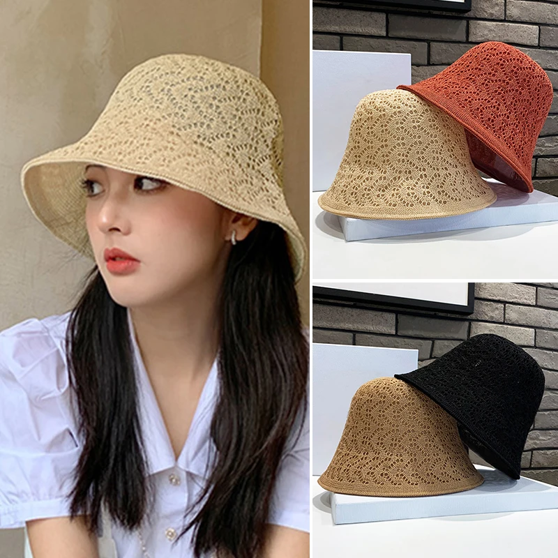 

Women Bucket Hat Casual Cotton Solid Color Outdoor Lady Girl Fisherman Cap Dome Beach Caps Knit Handmade Hollow Out Foldable