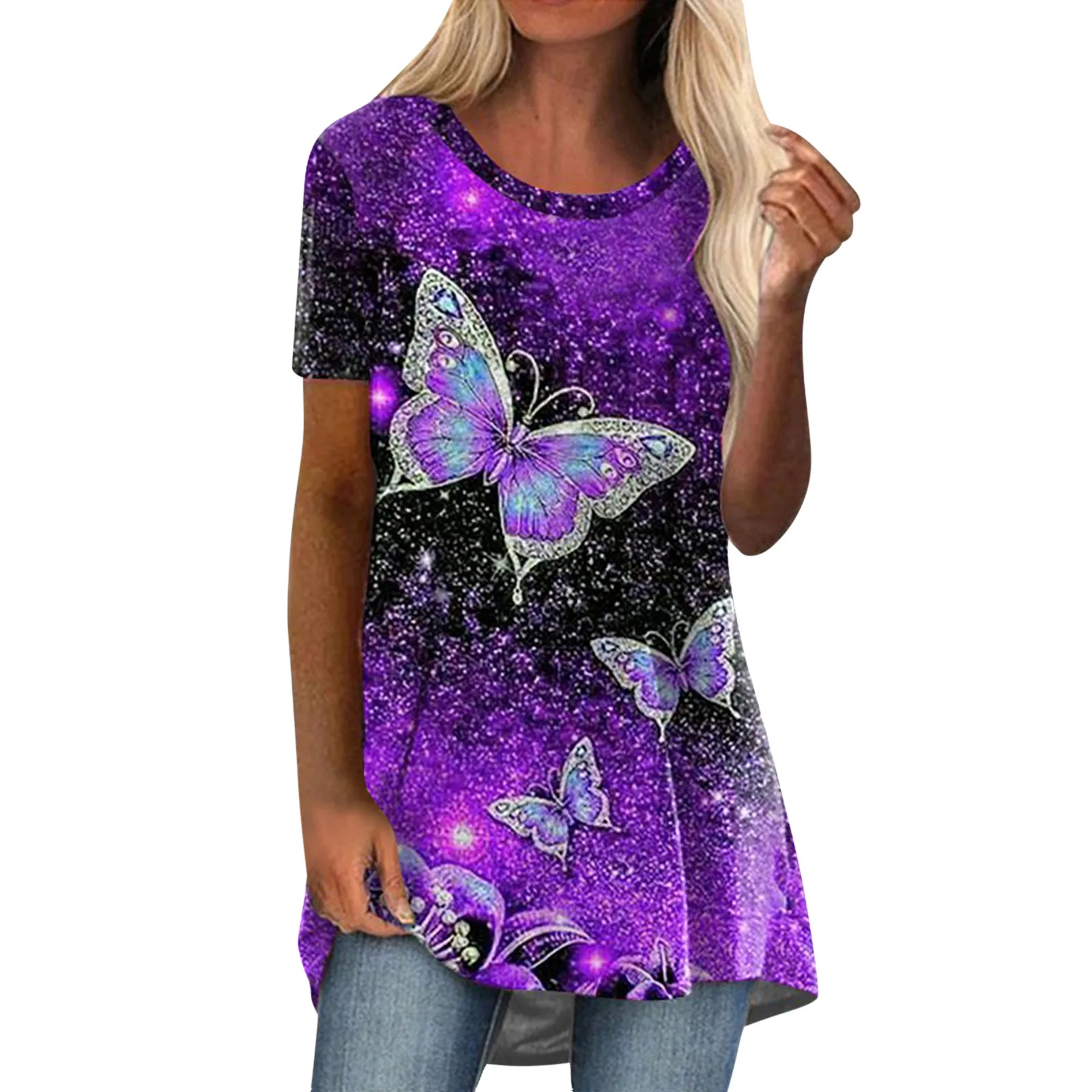 

Plus Size Women's Butterfly Floral Top Blouse Loose Casual O-neck Streetwear Shirt Blouses Tunic
