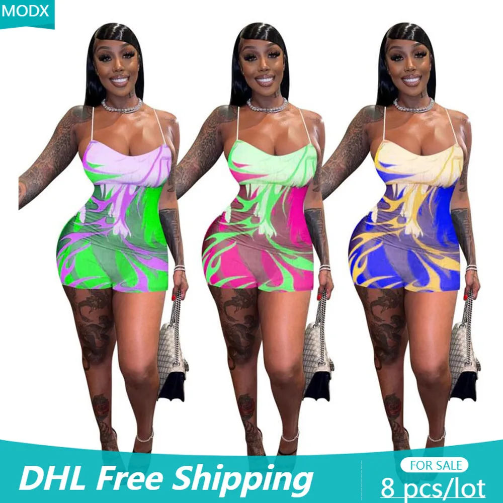

8 PCS Wholesale Women Slip Rompers 2022 Summer Sexy Bodycon Off Shoulder Jumpsuit Shorts Print Clubwear Playsuits In Bulk 7925