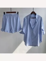 shorts sets women cotton 2 piece set 2022 stand collar shirt half sleeve vintage pajamas suit
