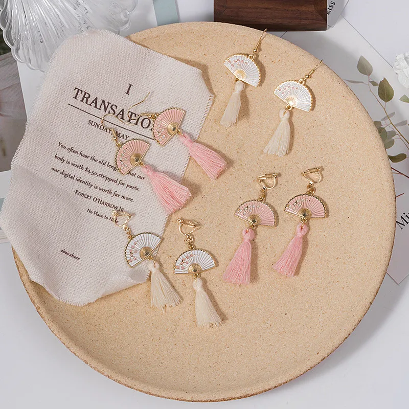 

1Pair Fashion Vintage Drop Earrings Japanese Fan Enamel Flower Pendant Tassel For Women Earring Accessories Jewelry 2022 Trend