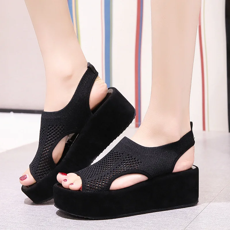 

Women's Sandals Wedges Footwear Summer Platform Sandals Women Shoes Female Slip on Peep Toe Knitted Ladies Sneakers Casual