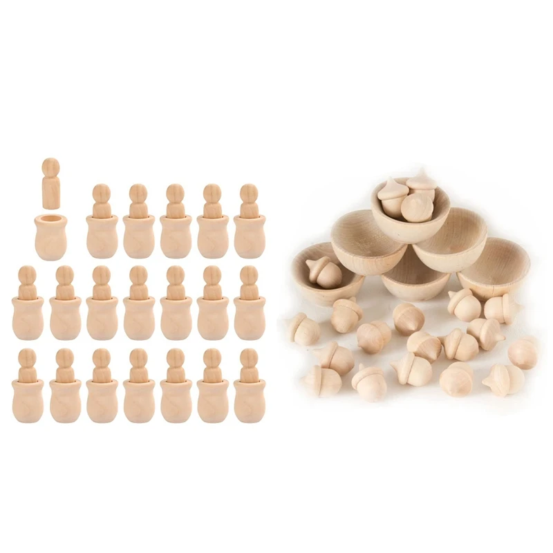 

20Pcs Unfinished Wooden Peg Nesting Dolls People Bodies & 1 Set Unfinished Wooden Wooden Acorn Counting And Sorting Deco