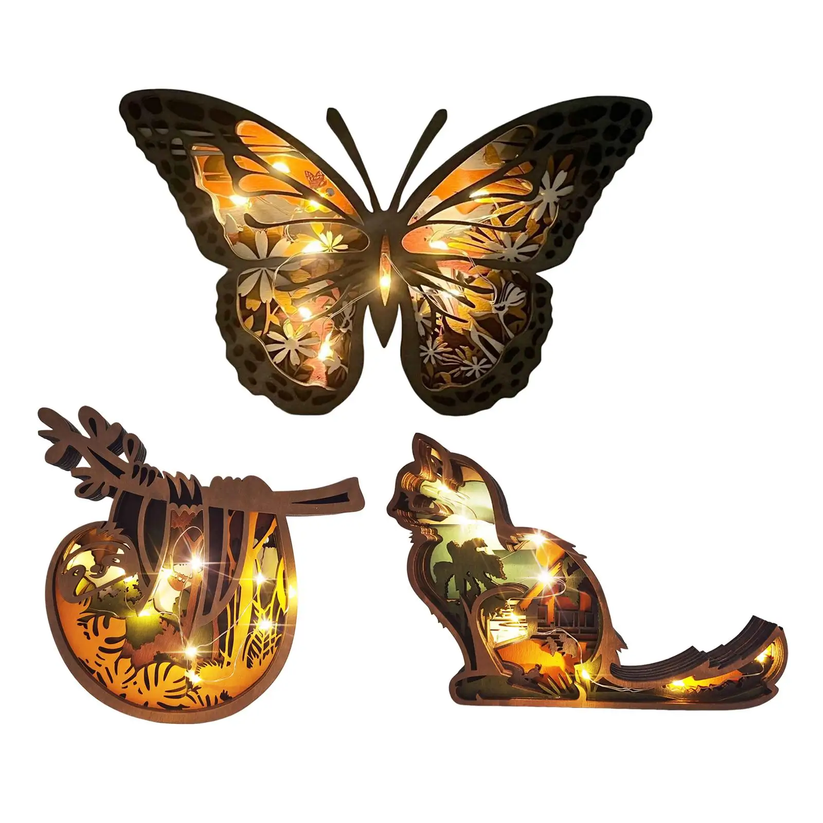 

Hollowed Wooden Statue Animal Figurine Collection with Light for Decoration