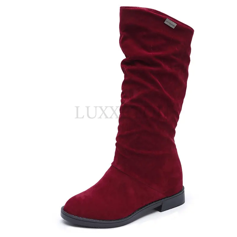 

Woman Winter Boots 2022 Low Heels Round Toe Suede Black Solid Color Plus Size Casual Zipper Knee High Shoes The New Listing