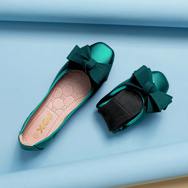 2022 Women's Soft Ballet Flats PU Women's Foldable Soft Square Toe Ballet Flats Bow Loafers Women's Ballet Flats