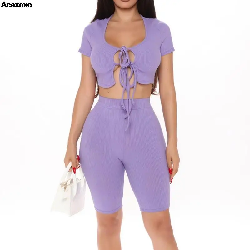 

2023 summer new women's fashion new trend solid color lace-up crop top shorts two-piece set