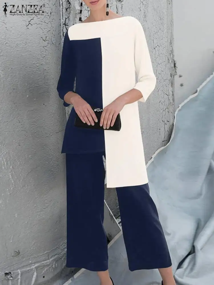 

OL Suits Women Casual Color Patchwork Matching Sets ZANZEA Elegant 3/4 Sleeve Top Wide Leg Trouser Spring Solid Office Pant Sets