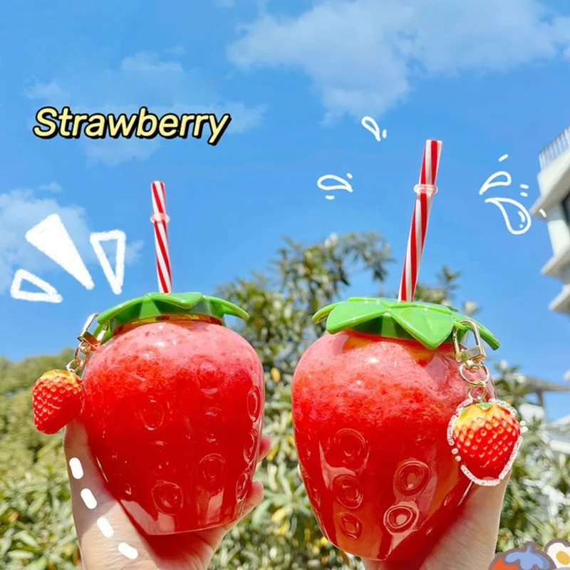 

500ml Kawaii Strawberry Shape Straw Cup Handy Milk Tea Cup Portable Fruit Juices Cup Wedding Shower Birthday Party Desktop Decor