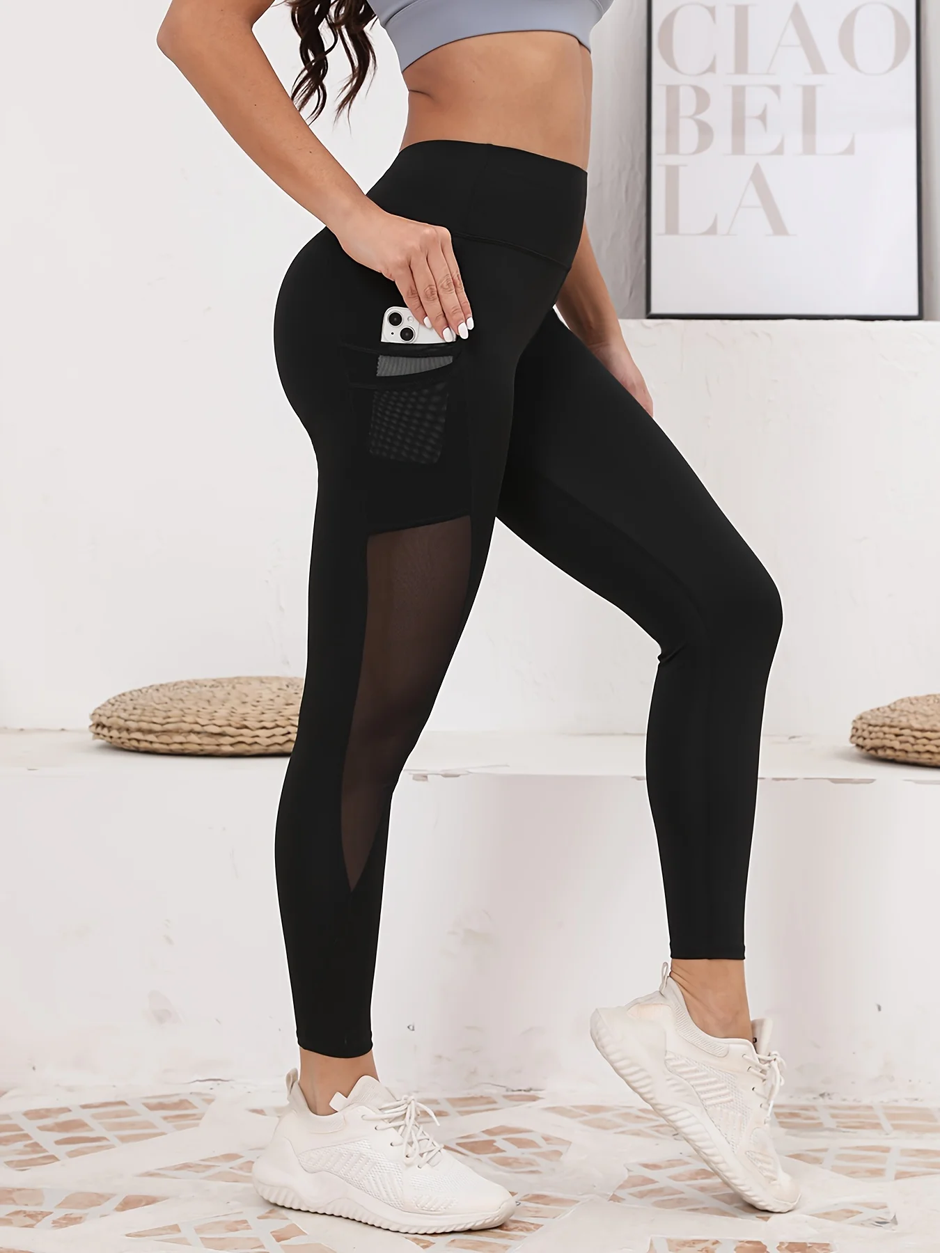 Женские сетчатые Леггинсы с карманами леггинсы высокой талией для йоги и живота