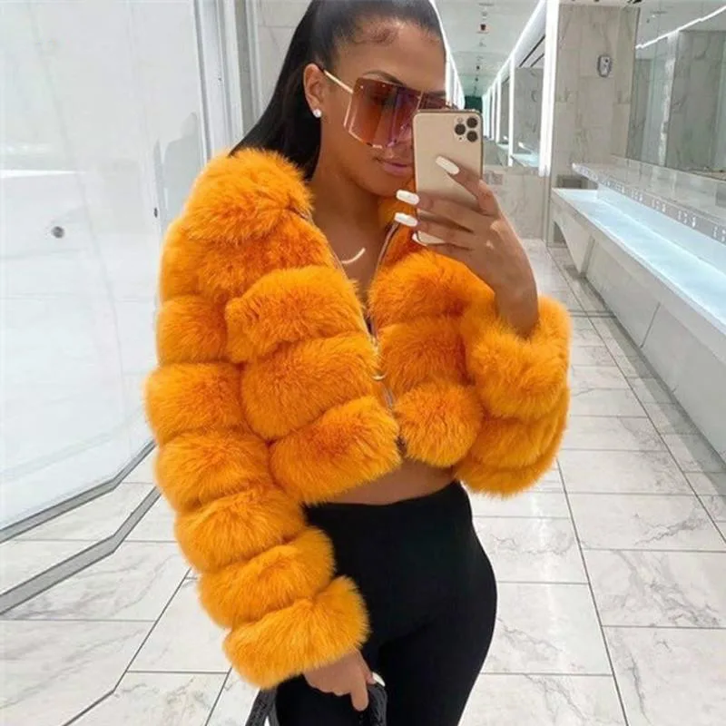 Women Fluffy Fur Collar Winter High Quality Luxury Faux Fox Fur Jacket Thick Warm Short Fur Coat Zipper Oversize Outwear Party