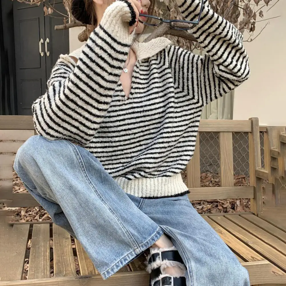 

Супермягкий свитер из полиэстера, шикарный полосатый вязаный свитер, удобный пуловер с V-образным вырезом для женщин на осень и зиму в стиле ретро для женщин