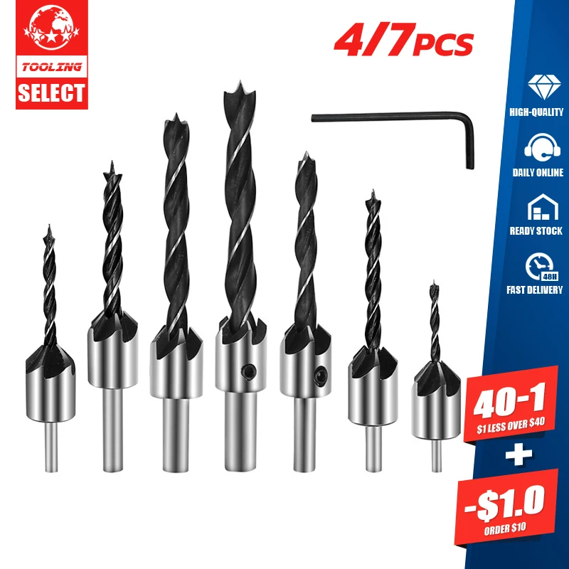 

4/7pcs HSS Countersink Drill Bit Set Reamer Woodworking Chamfer Drill 7pcs Counterbore Pliot Hole Cutter Screw Hole Drill